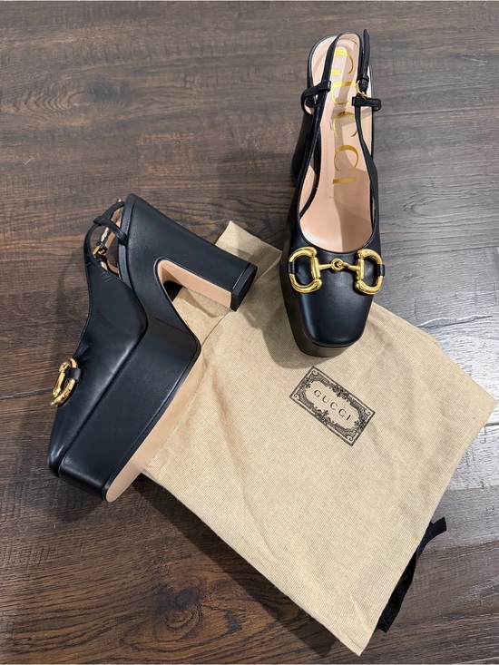 Gucci Shoes - Gucci Black Leather Slingback Pumps with Gold Horsebit